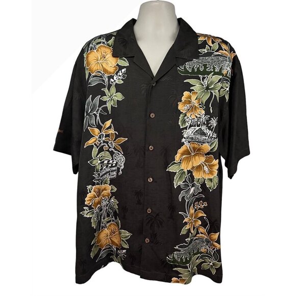 Tommy Bahama Vintage Gray Floral Embossed Silk Button Up Camp Shirt XL Pocket